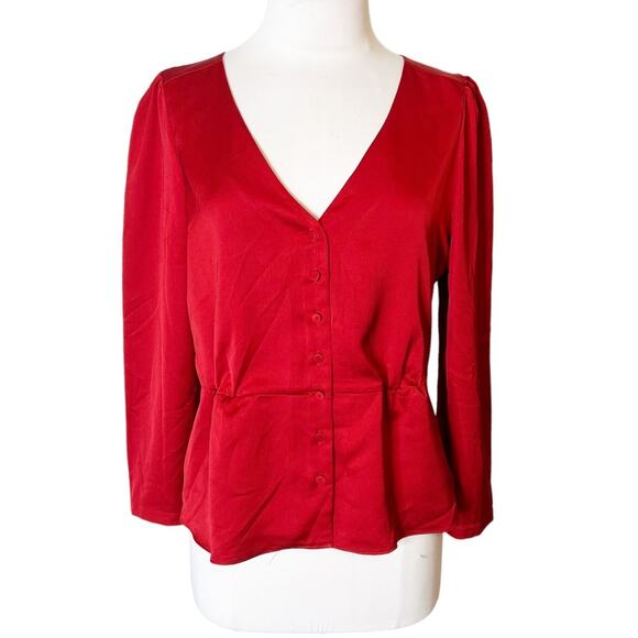 J. Crew Red Satin Peplum Crepe Top button front - Picture 5 of 10